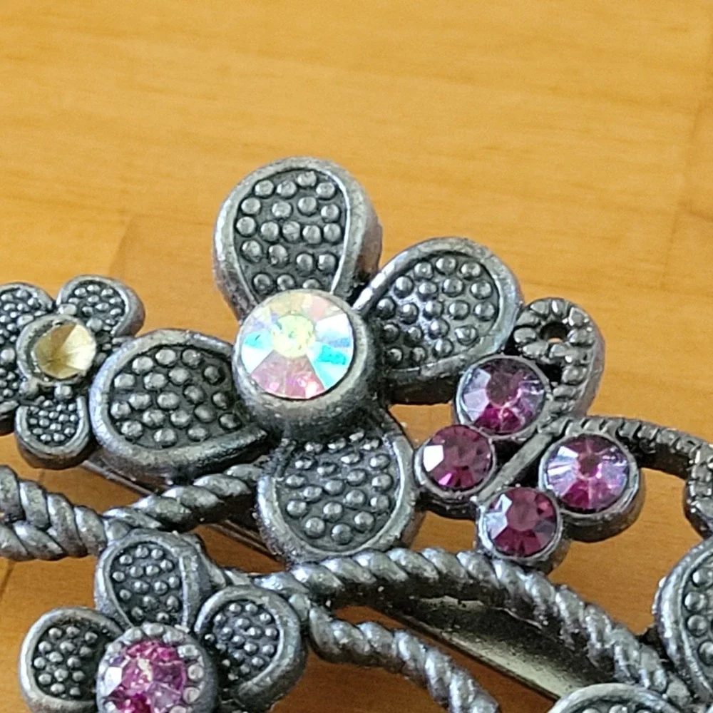 Vintage Floral Rhinestone French Barrette Pink AB Crystal Silver Tone